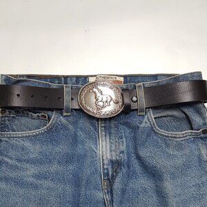 Western Silver Running Horse Buckle in black leather Belt